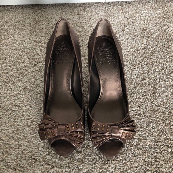 Vince Camuto KANARY Dark Bronze Slip-On Leather Open Toe Heels - Picture 2 of 9